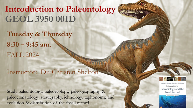 Picture of Dinosaur with text: Introduction to Paleontology  in fall 2024