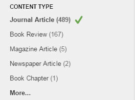 Screenshot of the Content Type filter with Journal Articles selected
