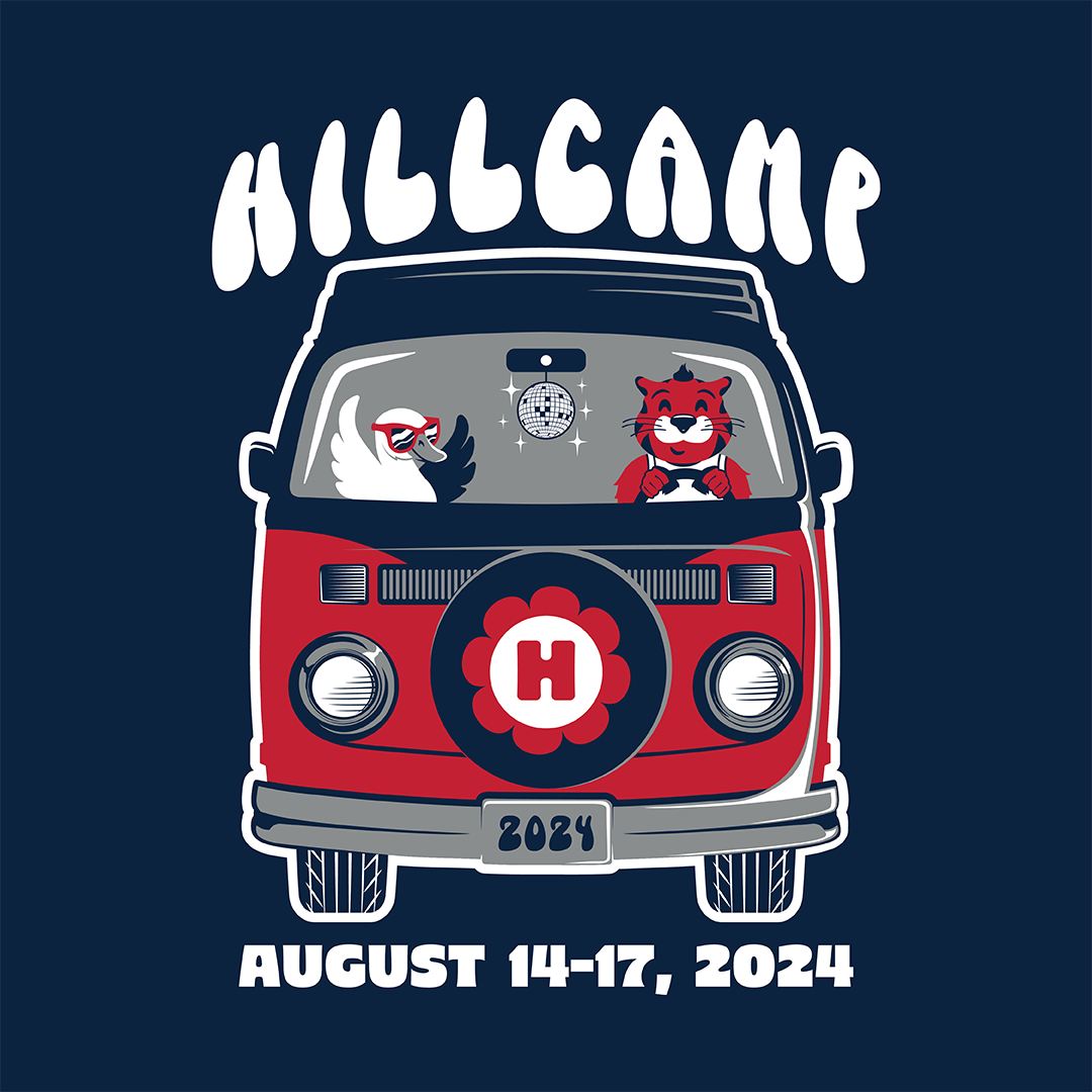 Hillcamp - Aug 14-17, 2024. Cartoon VW van with mascot hillcat driving and sarge swan in passenger seat.