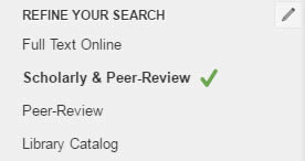 Screenshot of the Refine Your Search filter section with Scholarly & Peer-Review selected